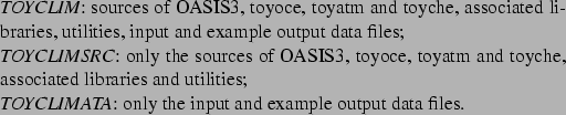 \begin{Indent}
\par
{\em TOYCLIM}: sources of OASIS3, toyoce, toyatm and toyche,...
...\\
{\em TOYCLIMATA}: only the input and example output data files.
\end{Indent}