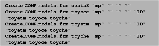 \begin{Frame}
\vspace*{1ex}
\Unixcmd{Create\_COMP\_models.frm oasis3 ''mp'' ''...
...ls.frm toyche ''mp'' '''' '''' '''' ''ID'' ''toyatm toyoce toyche''}
\end{Frame}